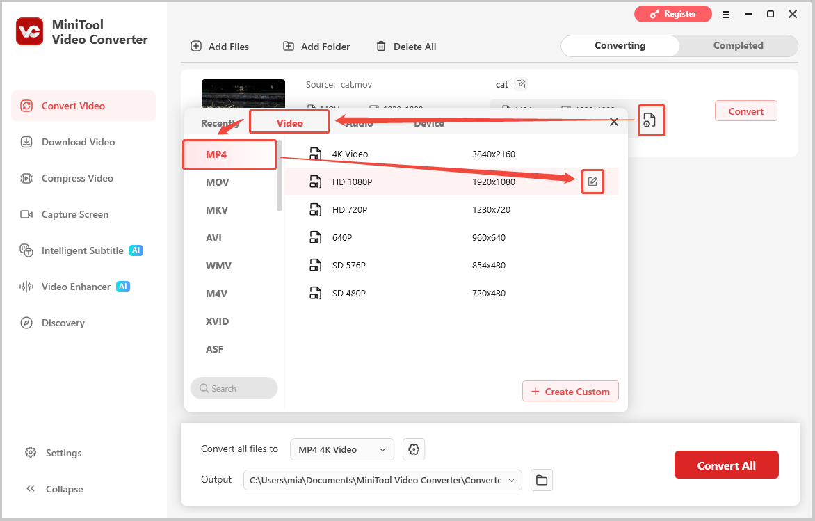 MiniTool Video Converter interface showing how to select MP4 and adjust the encoder.