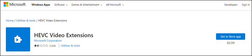 Microsoft Store HEVC Video Extensions download page.