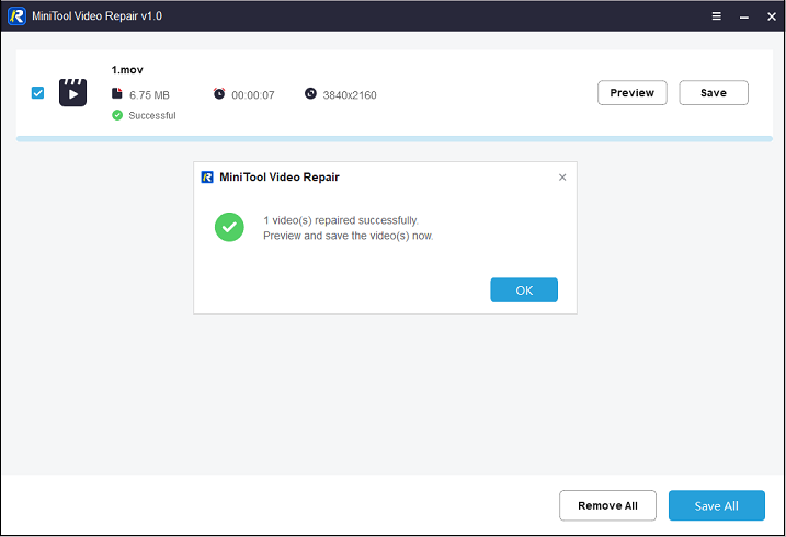 MiniTool Video Repair interface with the message box telling video repaired successfully.