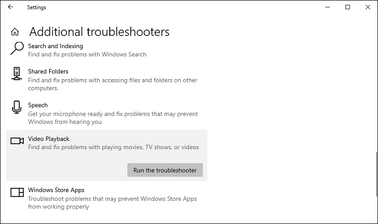 Window Settings window with the Run the troubleshooter option highlighted in the Video Playback area.