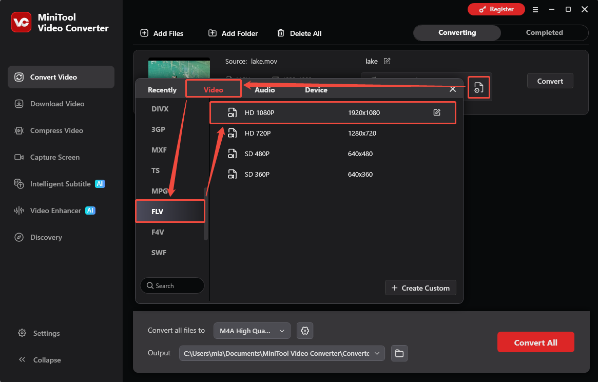 MiniTool Video Converter output window showing how to choose FLV as the output format.