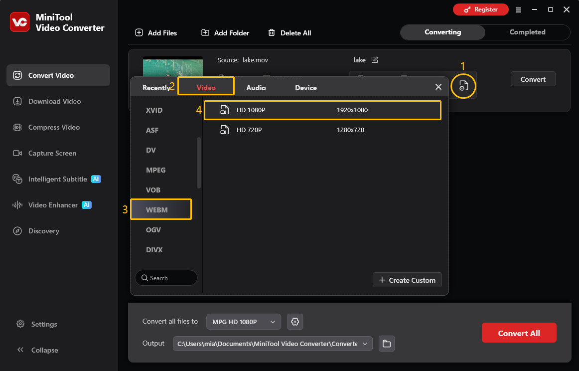 MiniTool Video Converter interface showing how to choose the WEBM option as the output format.