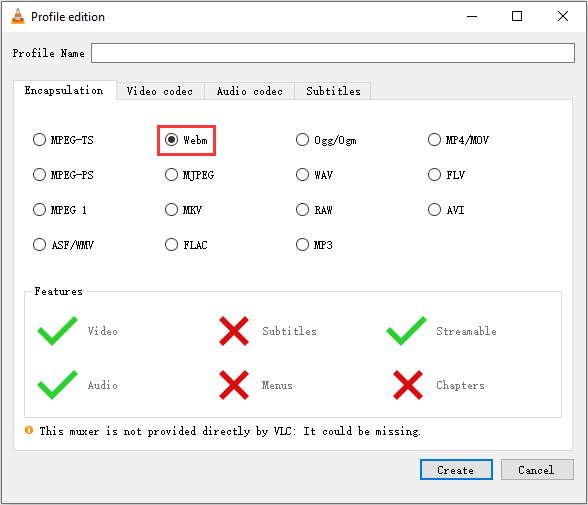 VLC Media Player Profile edition window with the WebM option selected.