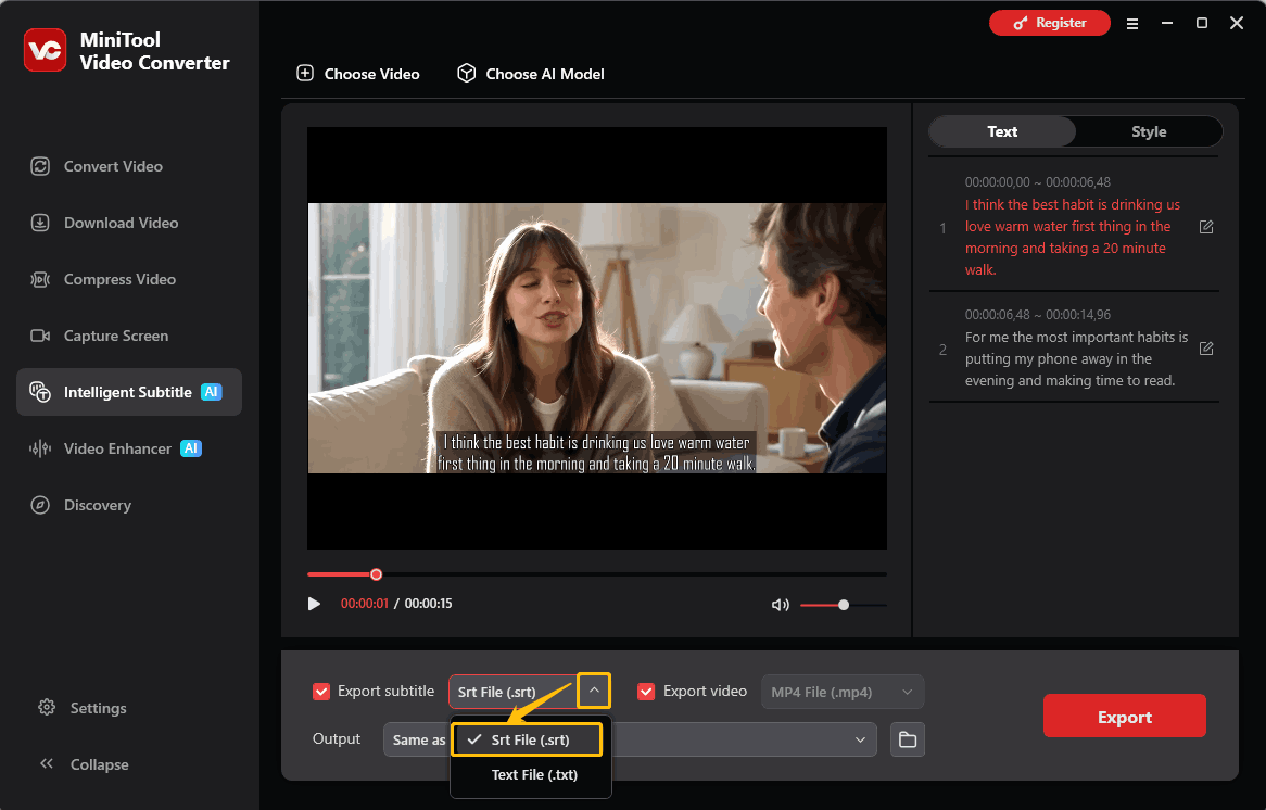 MiniTool Video Converter interface showing how to set the SRT file as the output text format in the Intelligent Subtitle tab.