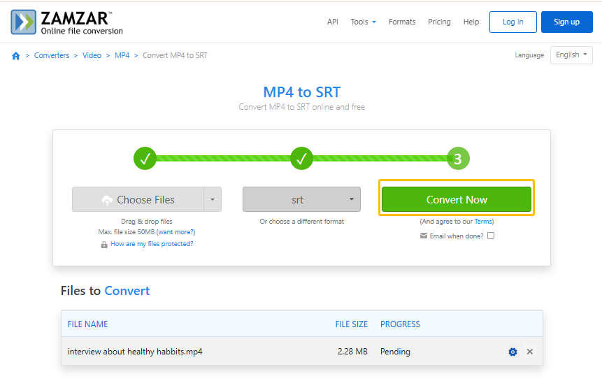 Zamzar interface with the Convert Now option selected.