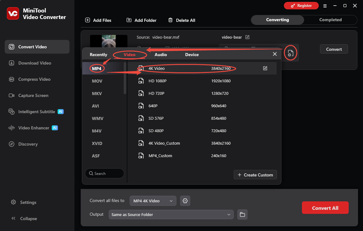 MiniTool Video Converter output format window showing how to set MP4 as the converted format in the Convert Video.