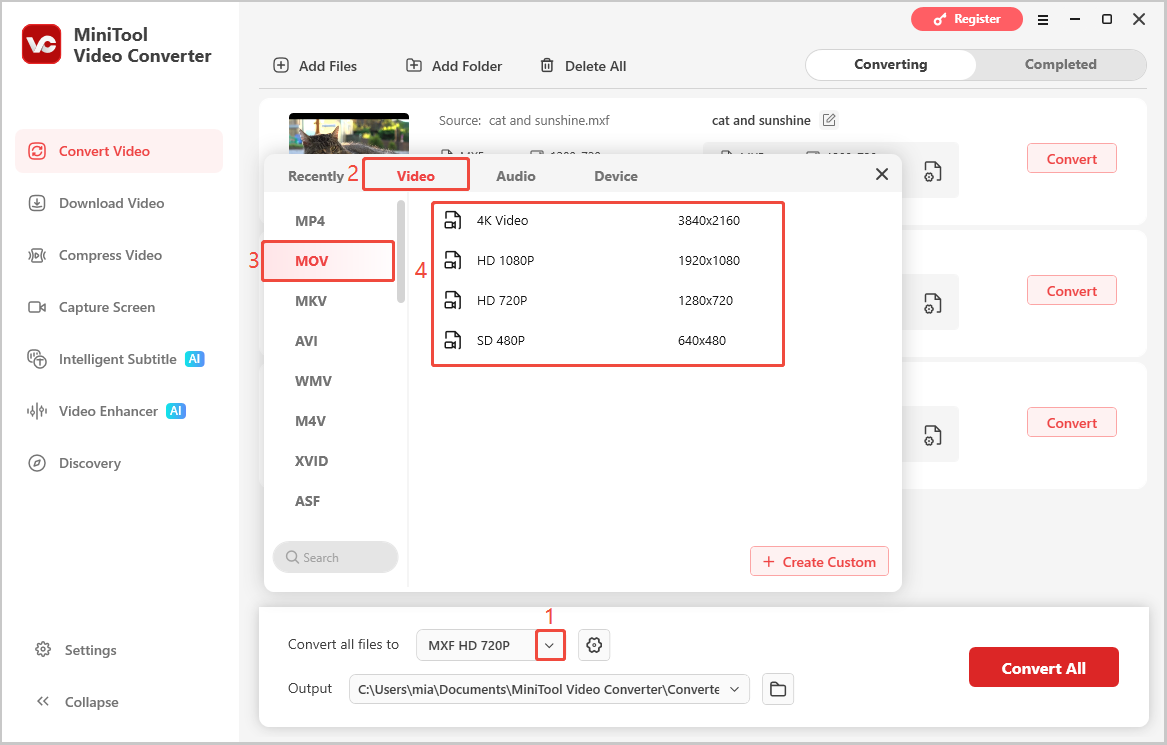 MiniTool Video Converter interface showing how to set MOV as the output format.