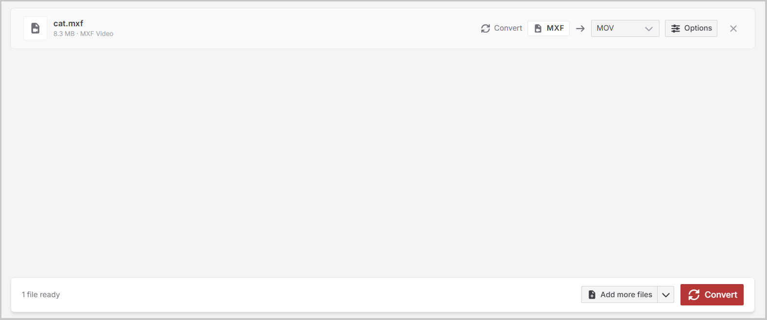 CloudConvertでMXFからMOVに変換する画面
