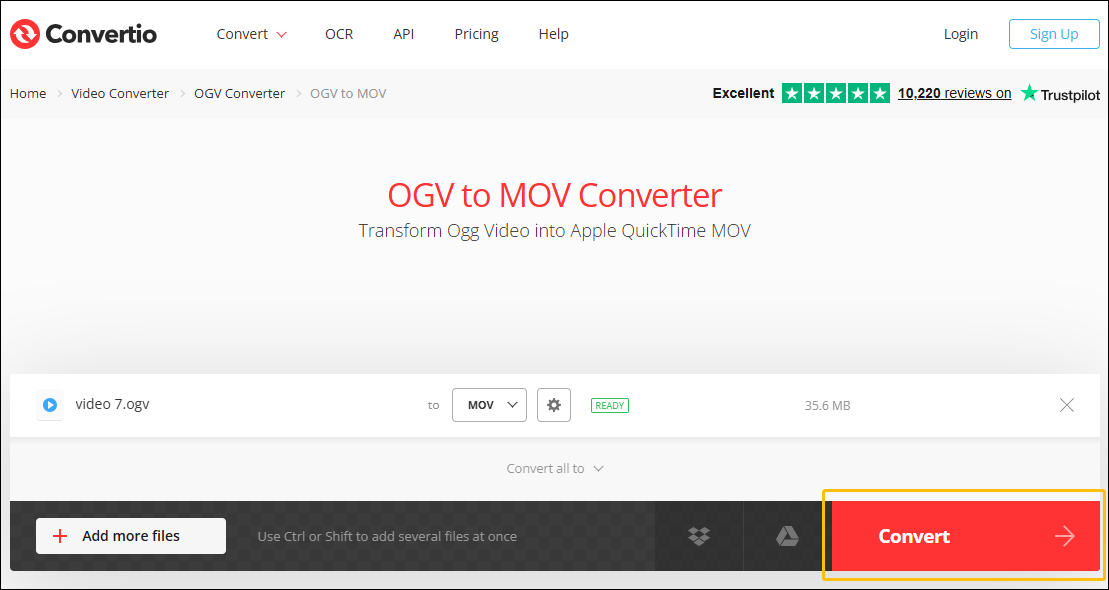 Convertio interface with the Convert button selected.