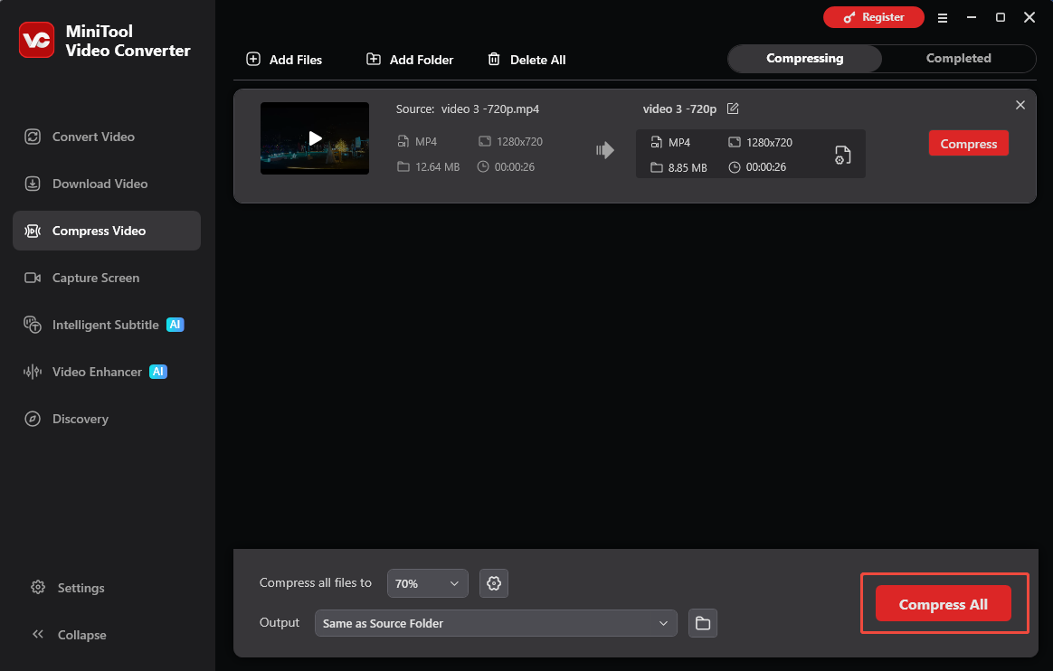MiniTool Video Converter interface with the Compress All button selected in the Compress Video tab.