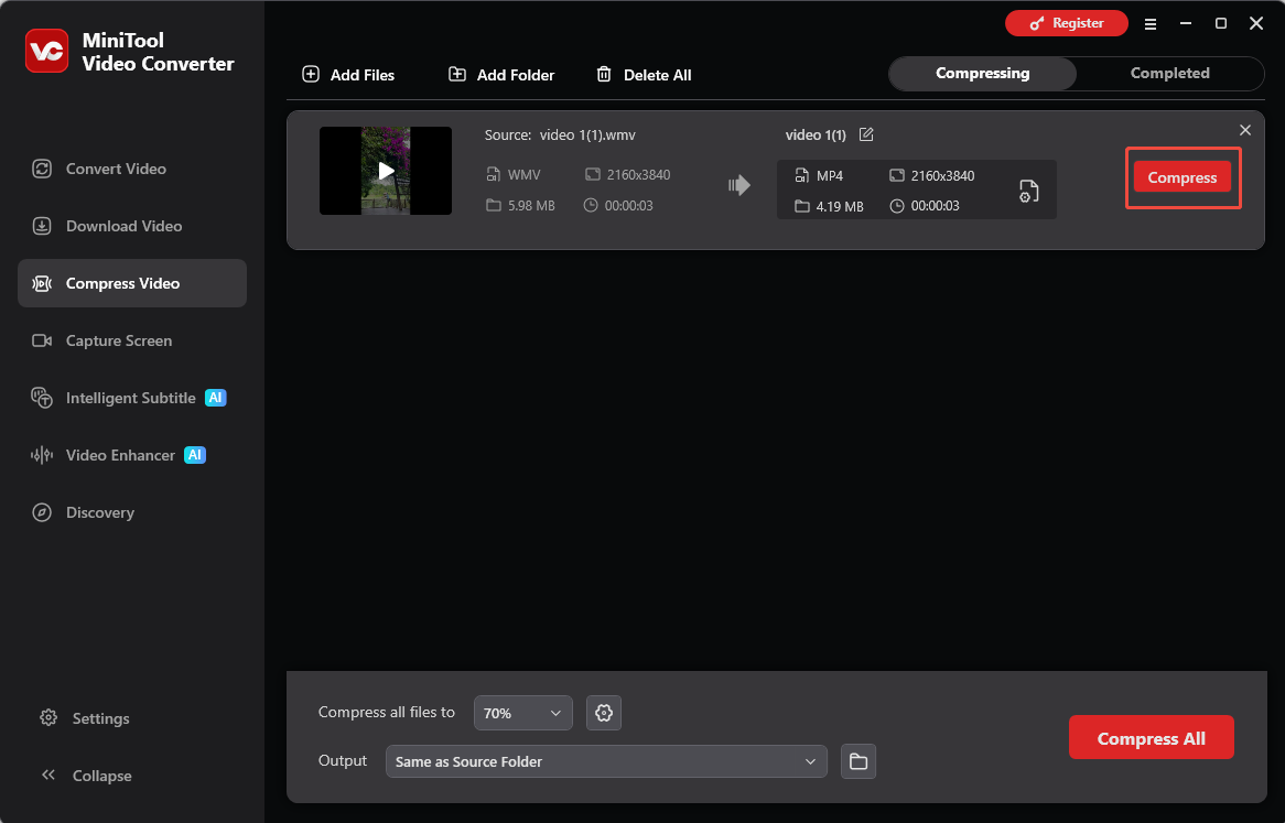 MiniTool Video Converter interface with the Compress button selected in the Compress Video tab.