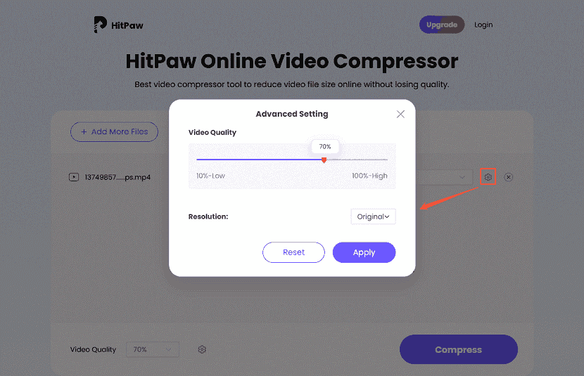 HitPaw interface Advanced Settings window showing how to reduce the video size.