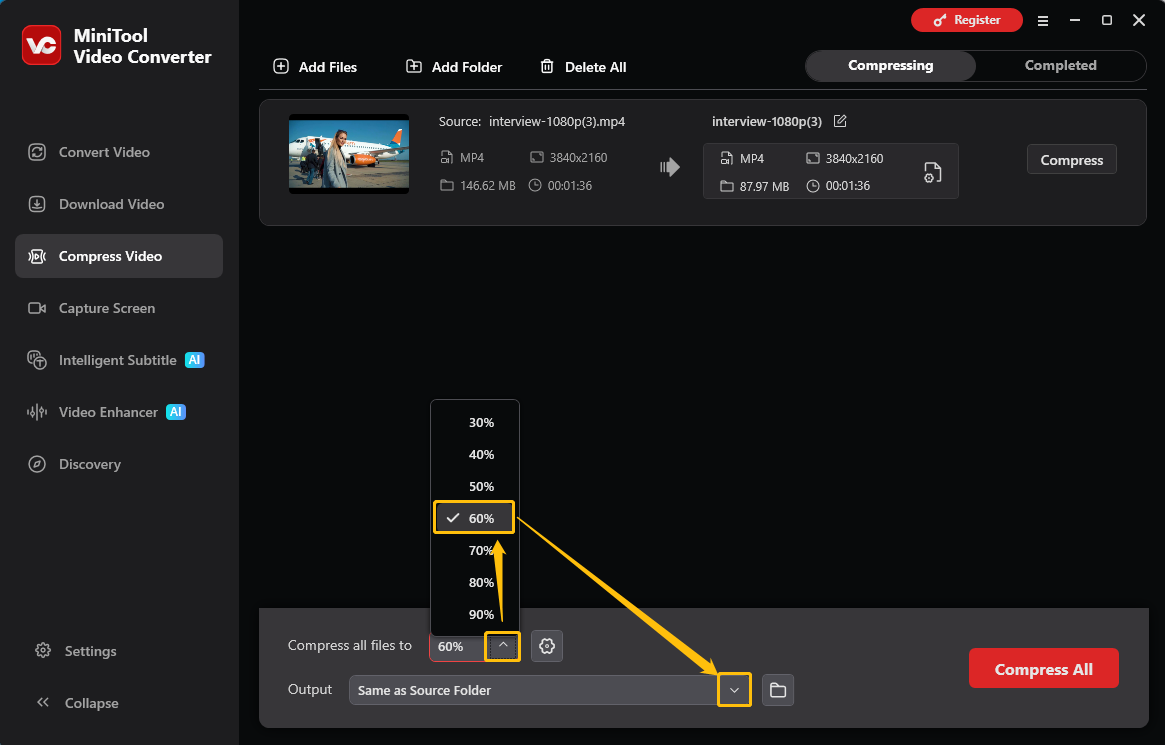 MiniTool Video Converter Compression Settings window showing how to set the compression level in the Compress Video tab.