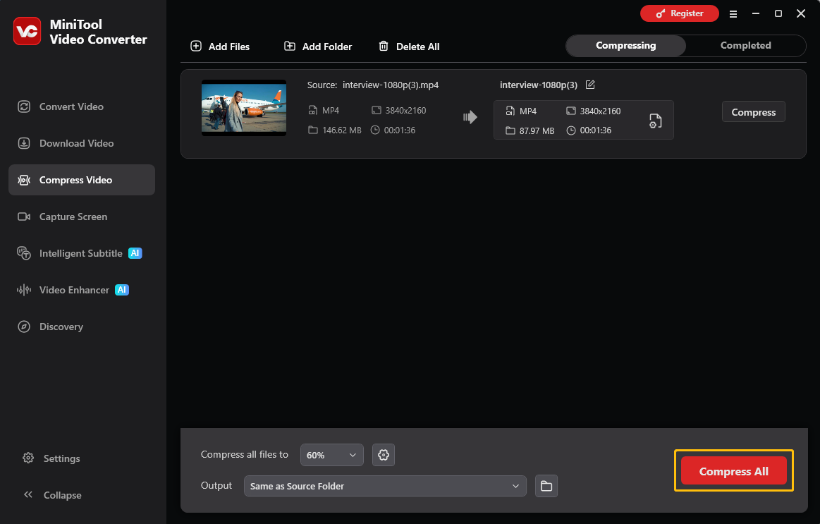 MiniTool Video Converter interface with the Compress All button selected in the Compress Video tab.