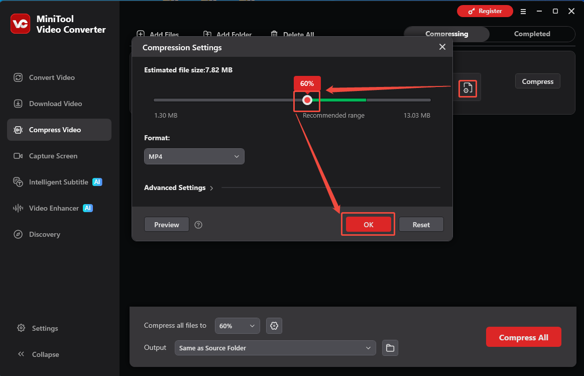 MiniTool Video Converter Compression Settings window showing how to set the compression level in the Compress Video tab.