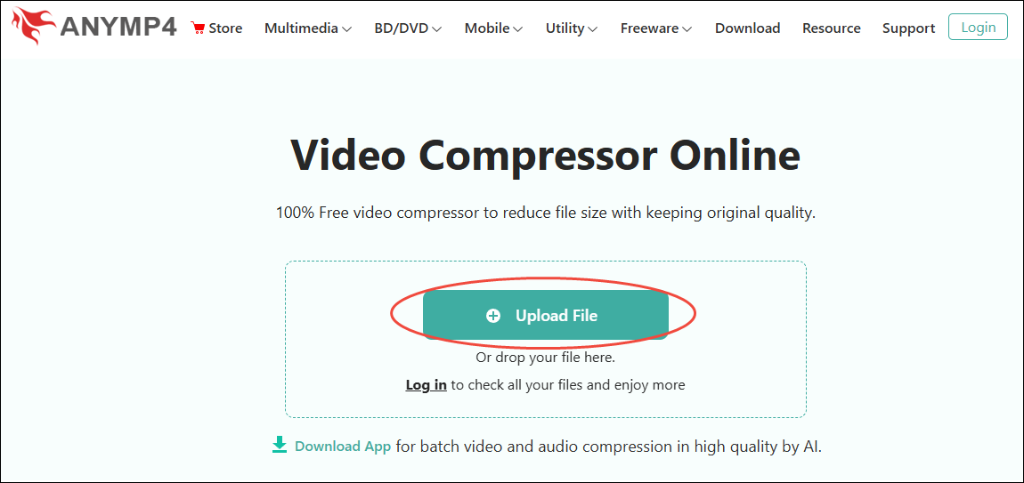 AnyMP4 interface with the Upload File option selected.