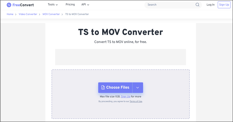 FreeConvert file upload page.