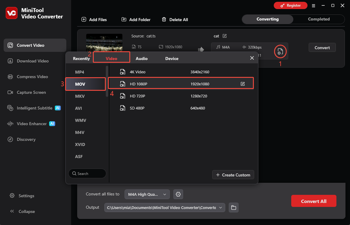 MiniTool Video Converter interface showing how to choose the MOV as the output format.