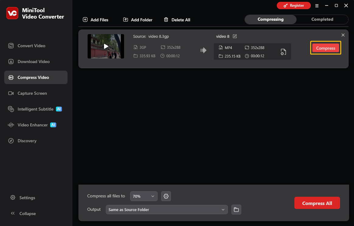 MiniTool Video Converter interface with the Compress button selected.