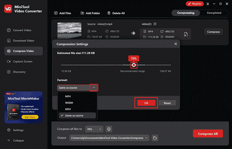 MiniTool Video Converter Compression Settings window showing how to set the compression level in the Compress Video tab.