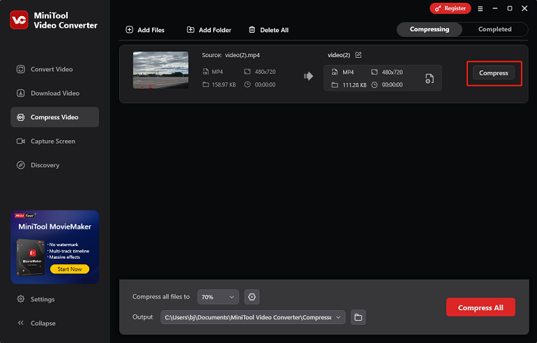 MiniTool Video Converter interface with the Compress button selected.