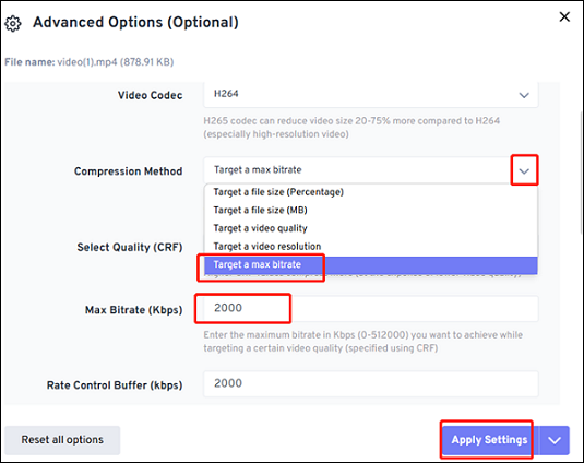 FreeConvert Advanced Options window showing how to set the compression level.