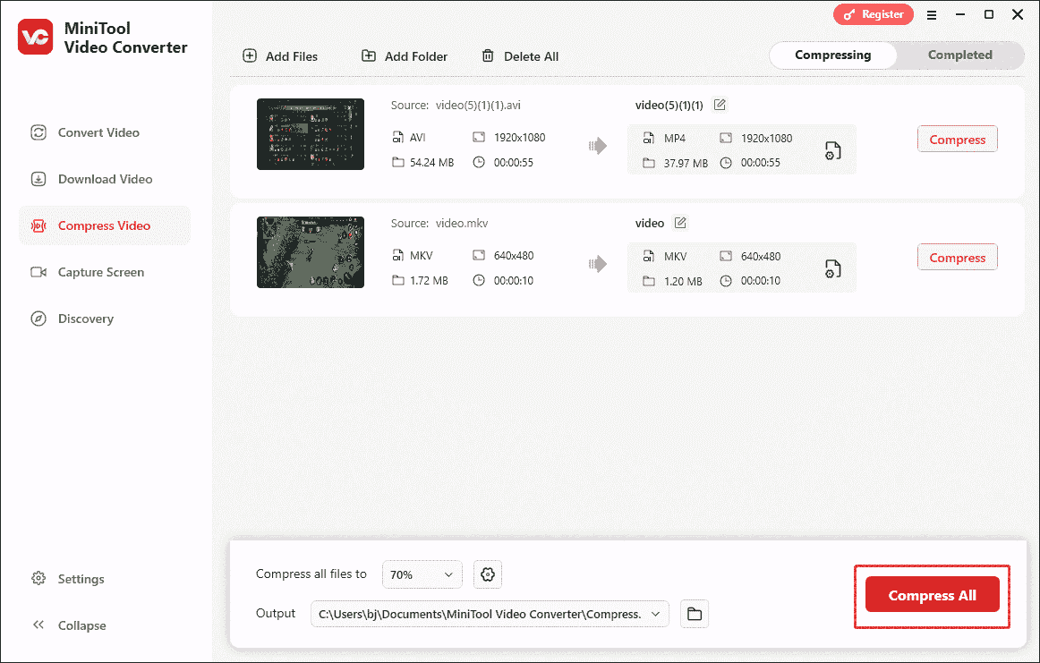 MiniTool Video Converter interface with the Compress All button selected in the Compress Video tab.