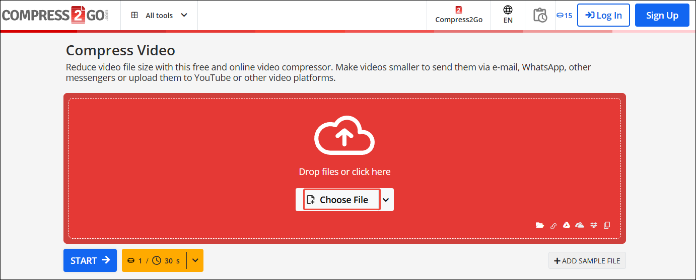 Compress2Go interface with the Choose File option selected.