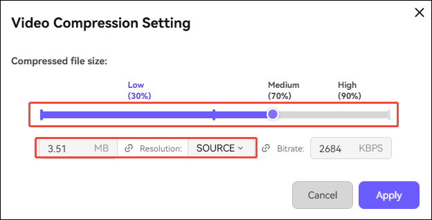 Media.io Online Video Compressor showing how to set the compression percentage.