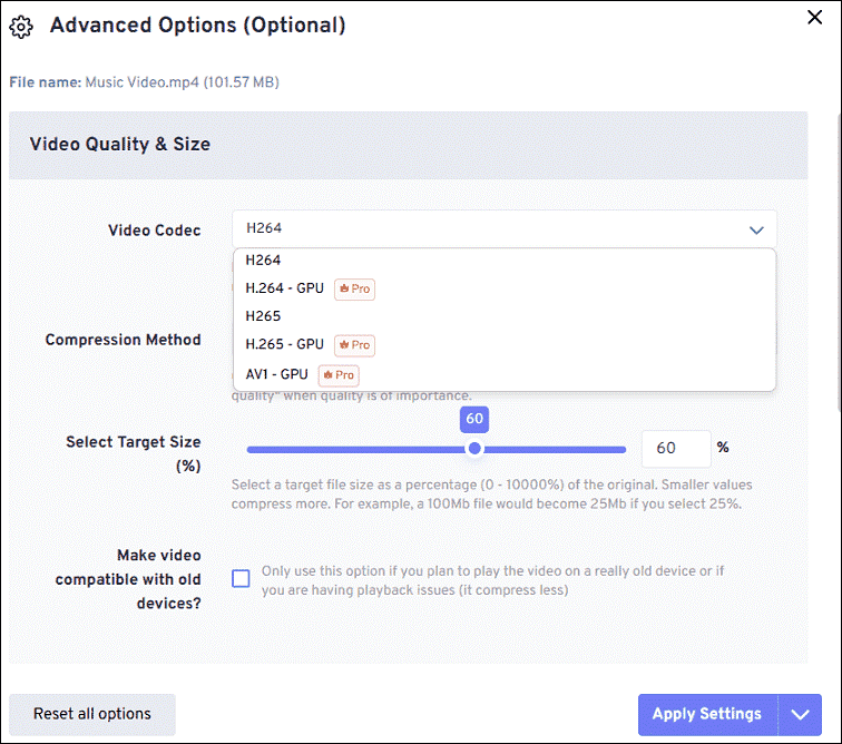 The interface of FreeConvert Advanced Options window.