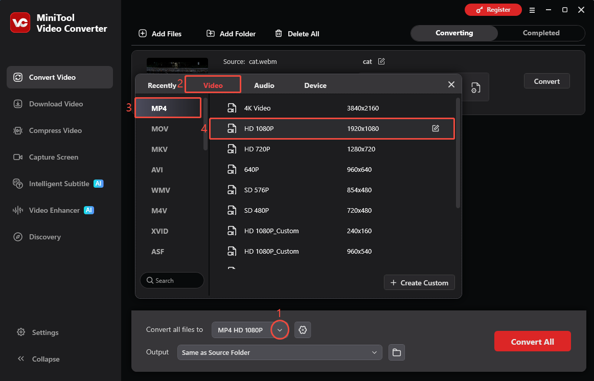 MiniTool Video Converter interface showing how to choose output format.