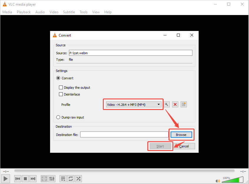 VLC media player Convert window showing how to set the profile and start conversion.