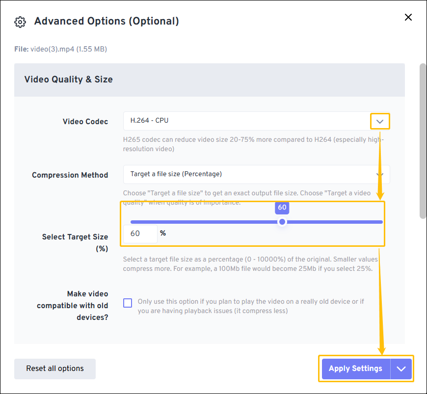 FreeConvert interface with the Compress Now button selected.