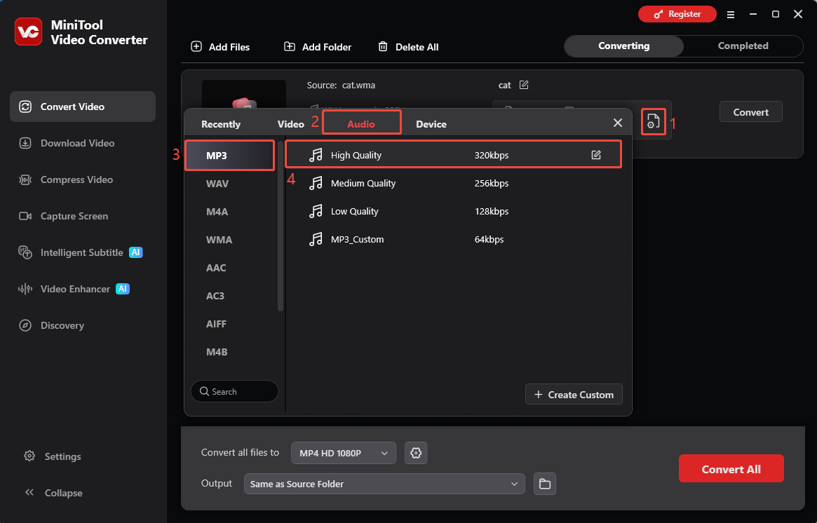 MiniTool Video Converter interface showing the steps to choose MP3 as output format.