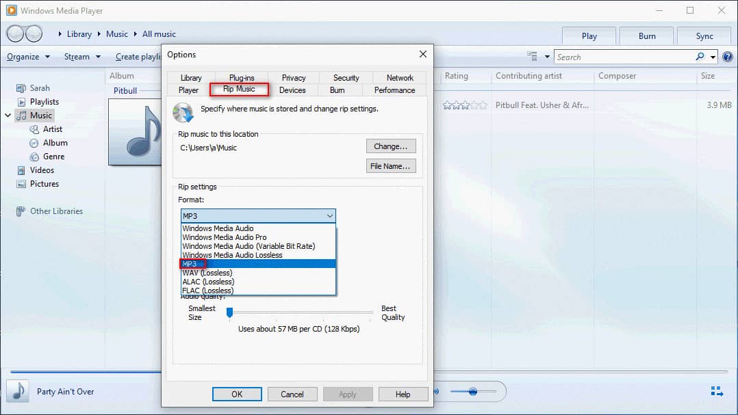 Windows Media Player Options window with the MP3 option selected in the Format section under Rip Music.