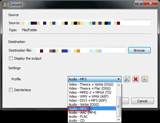 VLC Convert window with the Audio MP3 option selected in the Profile menu.