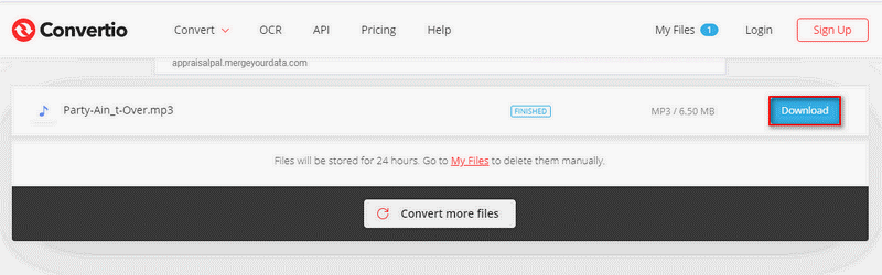 Convertio webpage with the Download option selected.