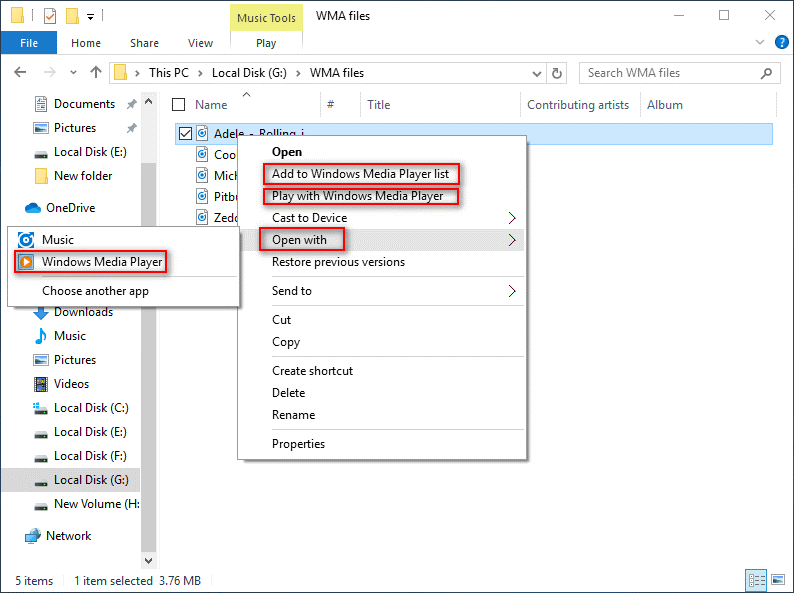 File Explorer with Windows Media Player options for a WMA file.