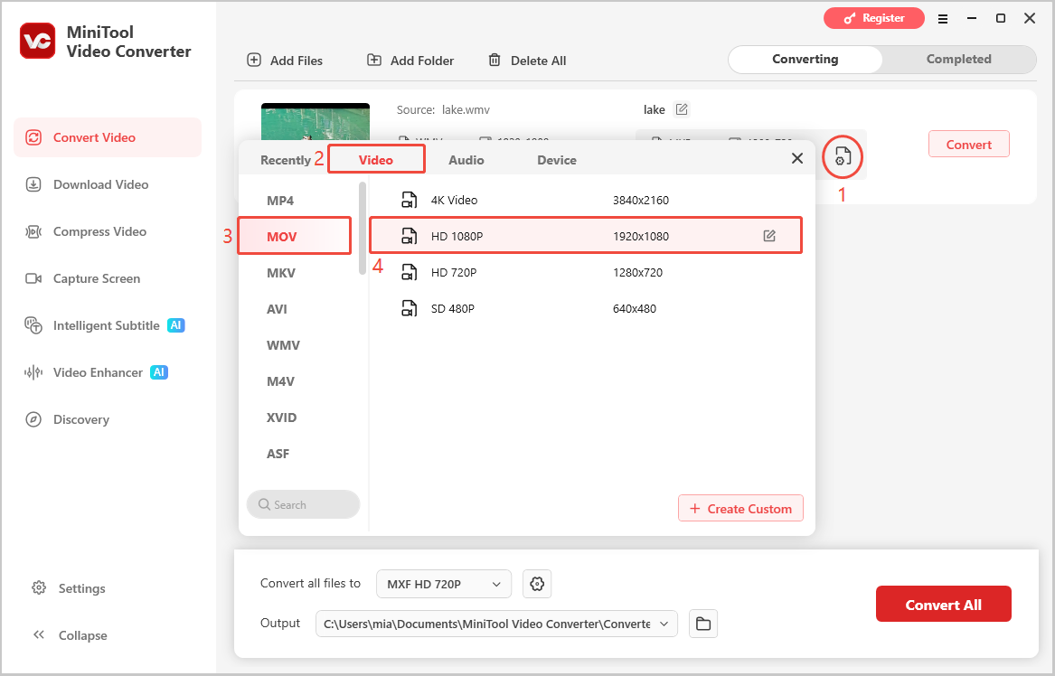 MiniTool Video Converter interface showing how to choose MOV as the output format.