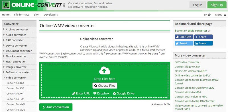 ONLINE CONVERT website homepage.