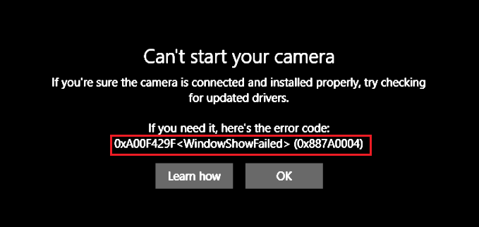Camera app error code page showing 0xA00F429F (0x887A0004)