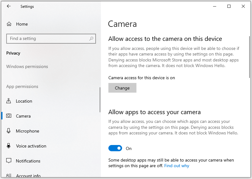 Windows Settings Camera page showing the Allow apps to access your camera option is on