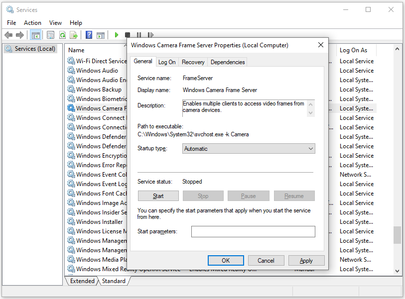 Windows Services window showing where to enable and start the Windows Camera Frame Server Service