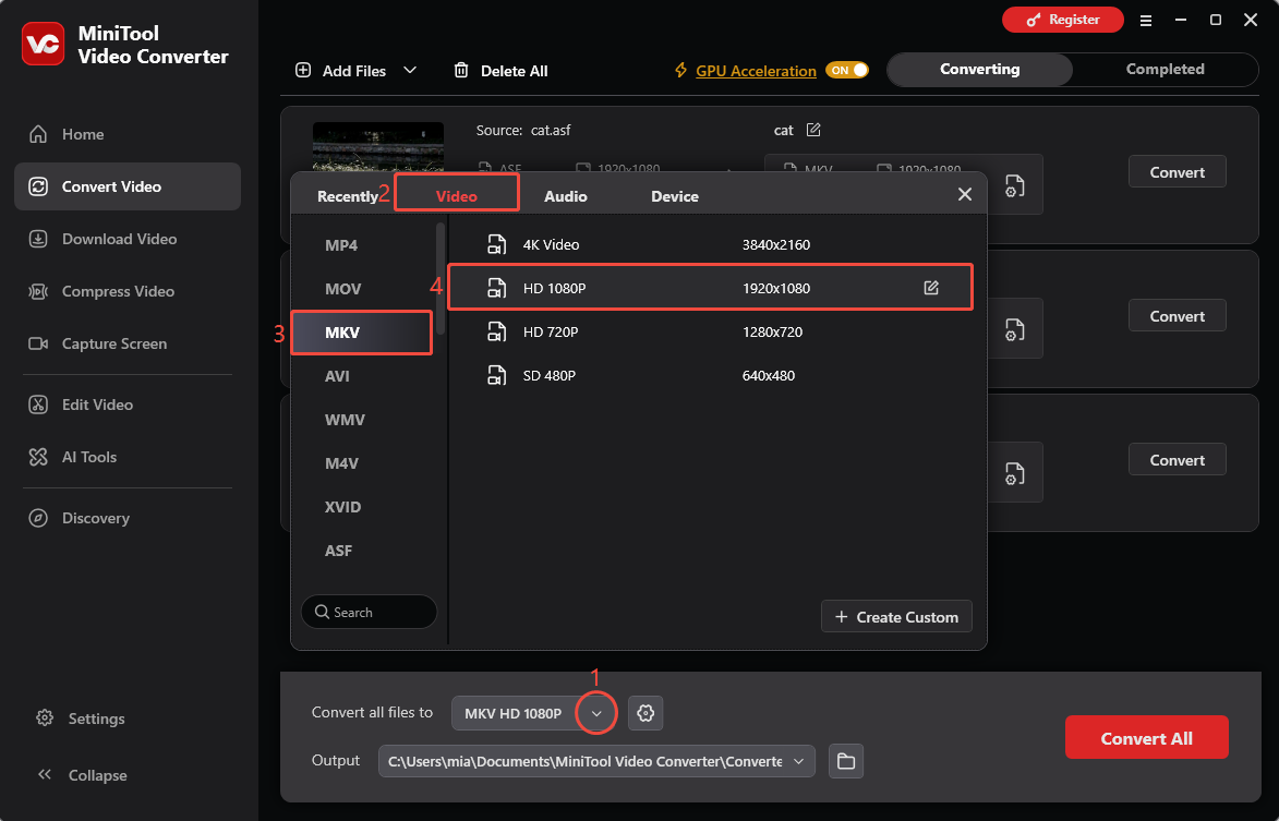 MiniTool Video Converter interface showing how to choose MKV as the output format.