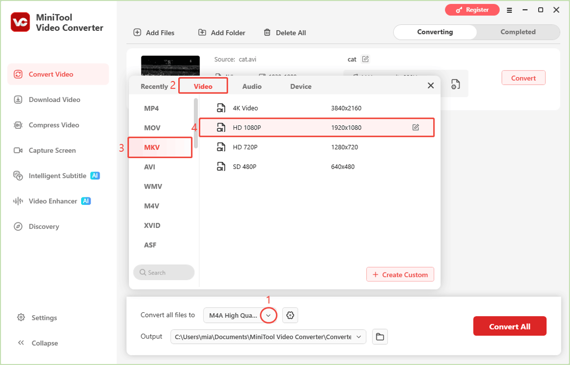 MiniTool Video Converter interface showing how to choose MKV as the output format.