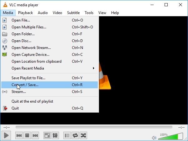 VLC media player interface with the Convert or Save option selected in the Media menu.