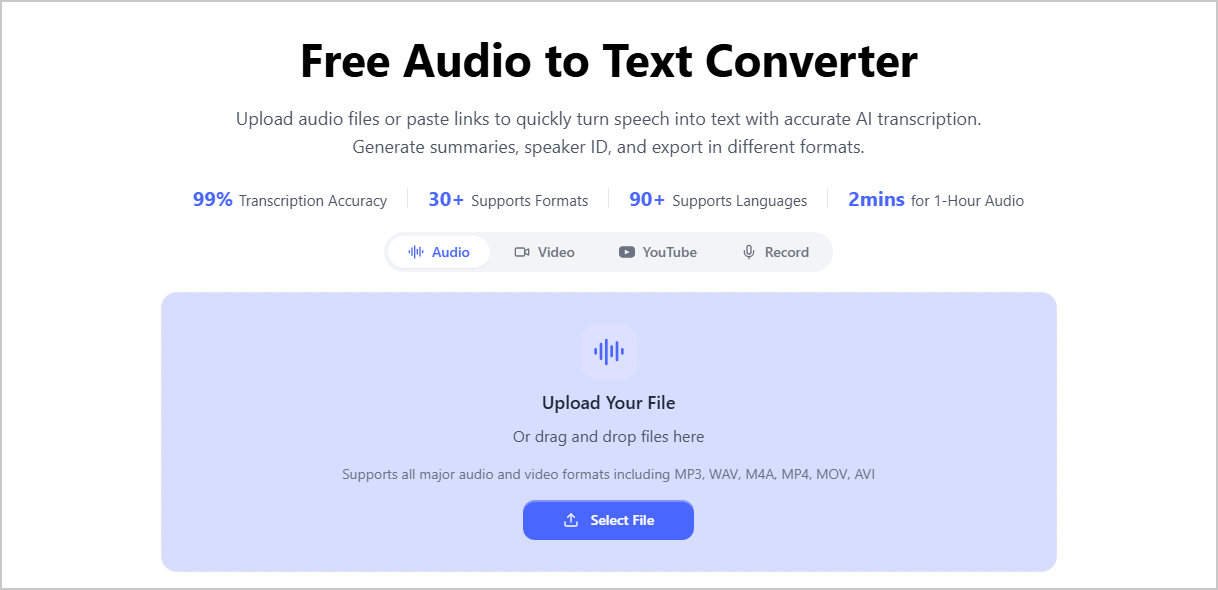 AudioConvert Free Audio to Text Converter interface.