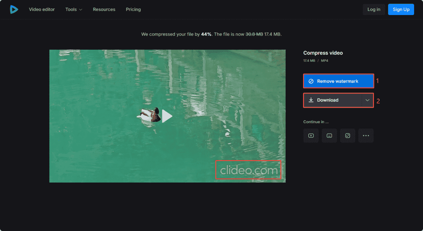 Clideo video compression interface showing how to remove the watermark of the compressed video.