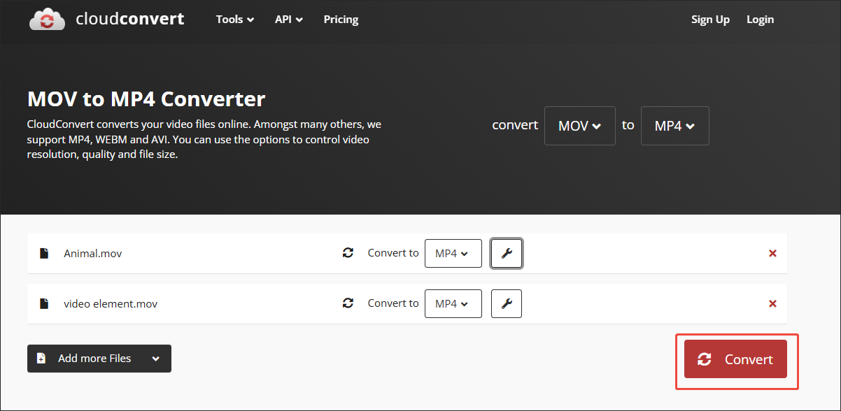 CloudConvert interface with two conversion task in the workspace and the Convert button selected.