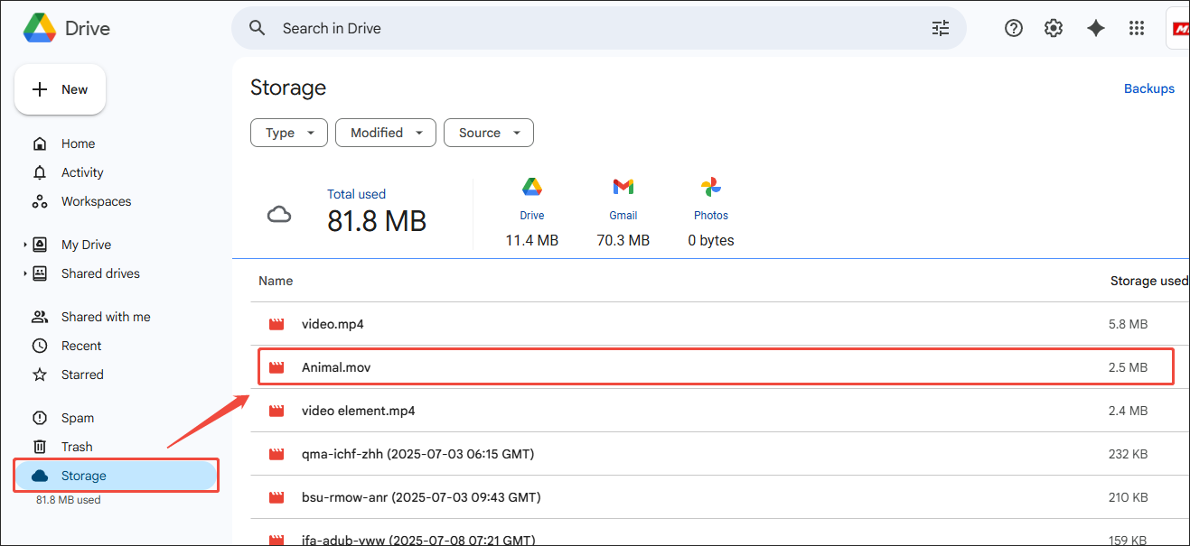 Google Drive interface with the Storage tab selected and an MOV file selected under it.